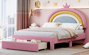 English Elm Full Size Pink Velvet Platform Bed Rainbow Arched Headboard with Storage Drawers N733P436911H