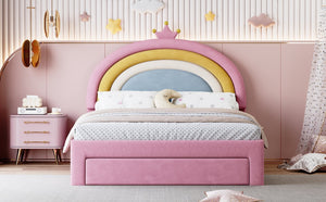 English Elm Full Size Pink Velvet Platform Bed Rainbow Arched Headboard with Storage Drawers N733P436911H
