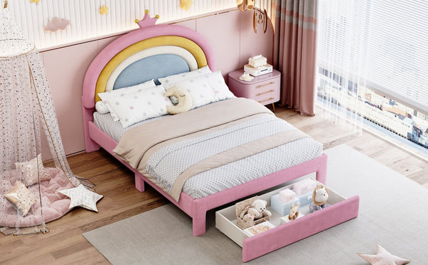 English Elm Full Size Pink Velvet Platform Bed Rainbow Arched Headboard with Storage Drawers N733P436911H