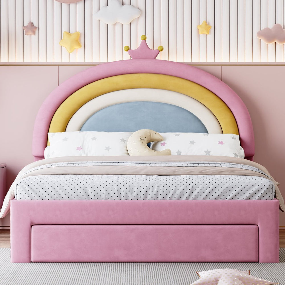 English Elm Full Size Pink Velvet Platform Bed Rainbow Arched Headboard with Storage Drawers N733P436911H