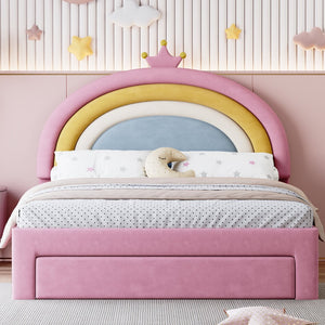English Elm Full Size Pink Velvet Platform Bed Rainbow Arched Headboard with Storage Drawers N733P436911H