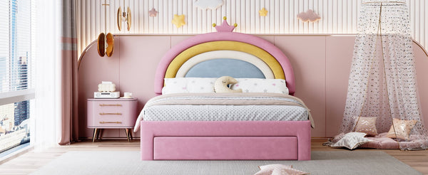 English Elm Full Size Pink Velvet Platform Bed Rainbow Arched Headboard with Storage Drawers N733P436911H
