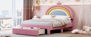 English Elm Full Size Pink Velvet Platform Bed Rainbow Arched Headboard with Storage Drawers N733P436911H
