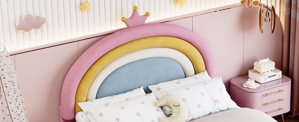 English Elm Full Size Pink Velvet Platform Bed Rainbow Arched Headboard with Storage Drawers N733P436911H