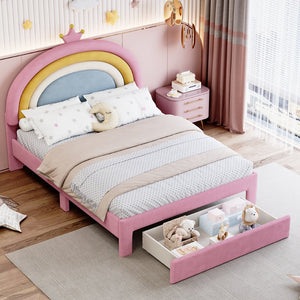 English Elm Full Size Pink Velvet Platform Bed Rainbow Arched Headboard with Storage Drawers N733P436911H