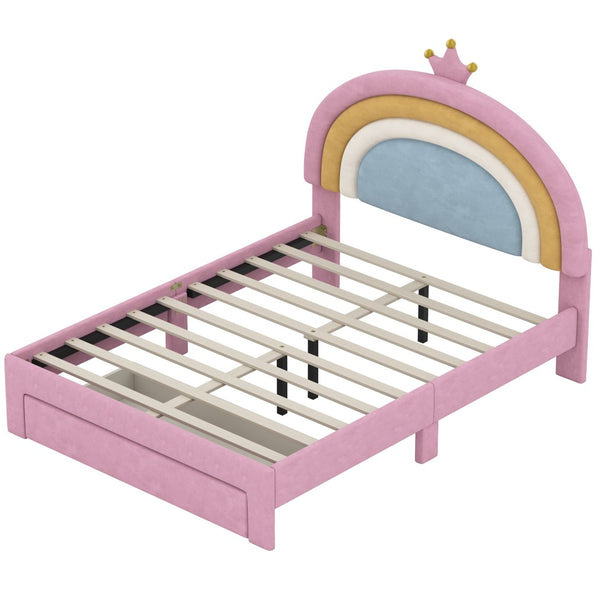 English Elm Full Size Pink Velvet Platform Bed Rainbow Arched Headboard with Storage Drawers N733P436911H