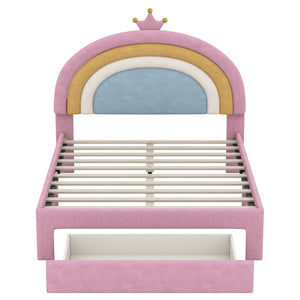 English Elm Full Size Pink Velvet Platform Bed Rainbow Arched Headboard with Storage Drawers N733P436911H
