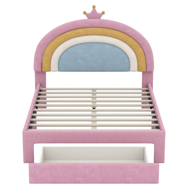 English Elm Full Size Pink Velvet Platform Bed Rainbow Arched Headboard with Storage Drawers N733P436911H