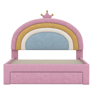 English Elm Full Size Pink Velvet Platform Bed Rainbow Arched Headboard with Storage Drawers N733P436911H