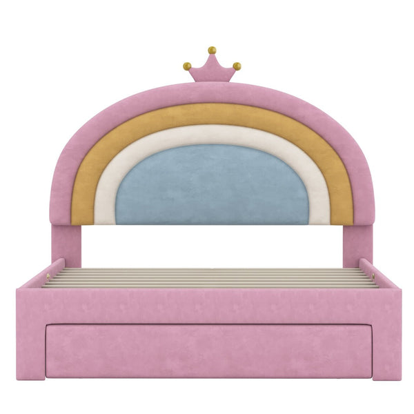English Elm Full Size Pink Velvet Platform Bed Rainbow Arched Headboard with Storage Drawers N733P436911H