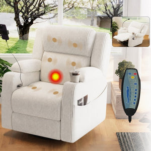 English Elm Electric Power Recliner Corduroy Swivel Rocker with Heat Massage and Usb Charging Beige N733P443096A
