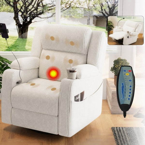 English Elm Electric Power Recliner Corduroy Swivel Rocker with Heat Massage and Usb Charging Beige N733P443096A