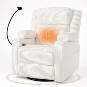 English Elm Electric Power Recliner Corduroy Swivel Rocker with Heat Massage and Usb Charging Beige N733P443096A