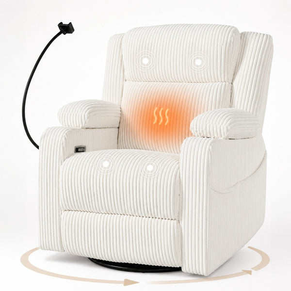 English Elm Electric Power Recliner Corduroy Swivel Rocker with Heat Massage and Usb Charging Beige N733P443096A