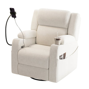 English Elm Electric Power Recliner Corduroy Swivel Rocker with Heat Massage and Usb Charging Beige N733P443096A