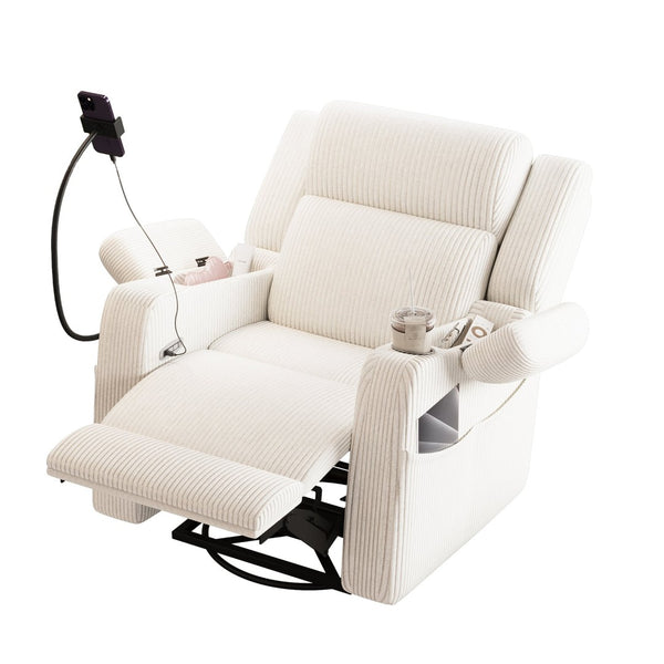 English Elm Electric Power Recliner Corduroy Swivel Rocker with Heat Massage and Usb Charging Beige N733P443096A