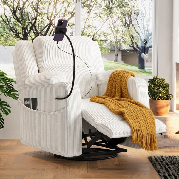English Elm Electric Power Recliner Corduroy Swivel Rocker with Heat Massage and Usb Charging Beige N733P443096A