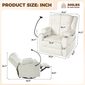 English Elm Electric Power Recliner Corduroy Swivel Rocker with Heat Massage and Usb Charging Beige N733P443096A