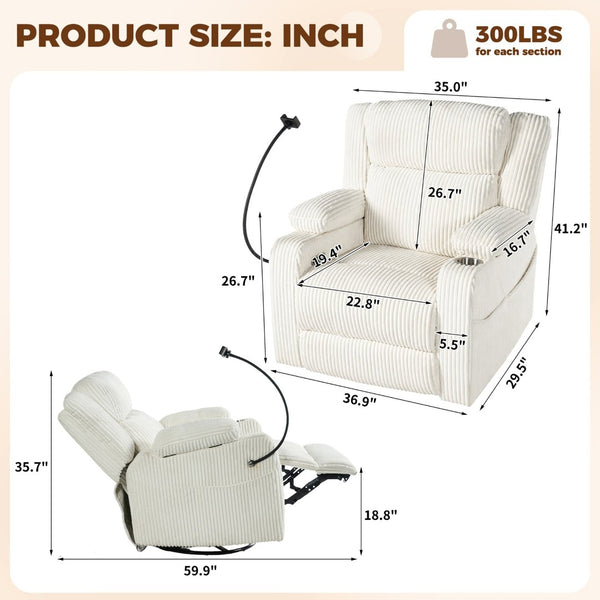 English Elm Electric Power Recliner Corduroy Swivel Rocker with Heat Massage and Usb Charging Beige N733P443096A