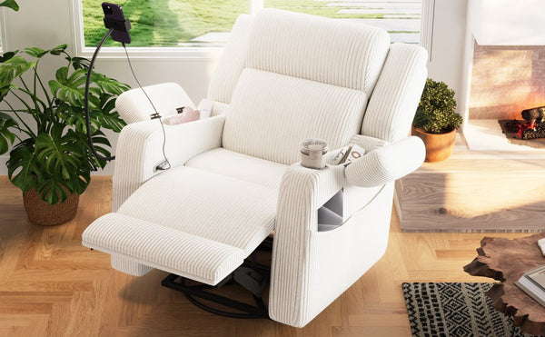 English Elm Electric Power Recliner Corduroy Swivel Rocker with Heat Massage and Usb Charging Beige N733P443096A