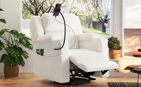English Elm Electric Power Recliner Corduroy Swivel Rocker with Heat Massage and Usb Charging Beige N733P443096A