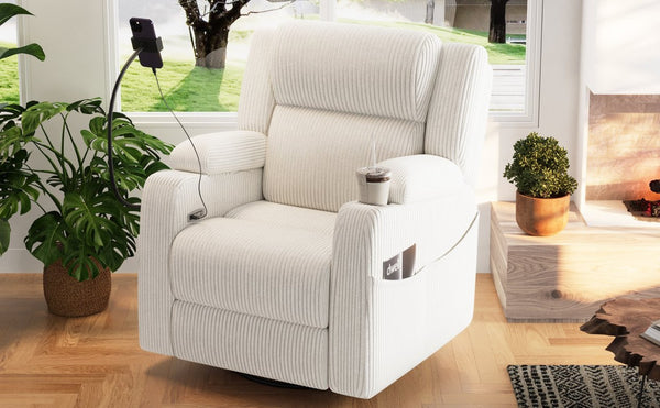 English Elm Electric Power Recliner Corduroy Swivel Rocker with Heat Massage and Usb Charging Beige N733P443096A