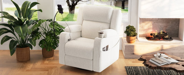 English Elm Electric Power Recliner Corduroy Swivel Rocker with Heat Massage and Usb Charging Beige N733P443096A