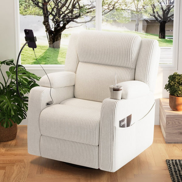 English Elm Electric Power Recliner Corduroy Swivel Rocker with Heat Massage and Usb Charging Beige N733P443096A