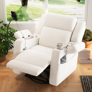 English Elm Electric Power Recliner Corduroy Swivel Rocker with Heat Massage and Usb Charging Beige N733P443096A