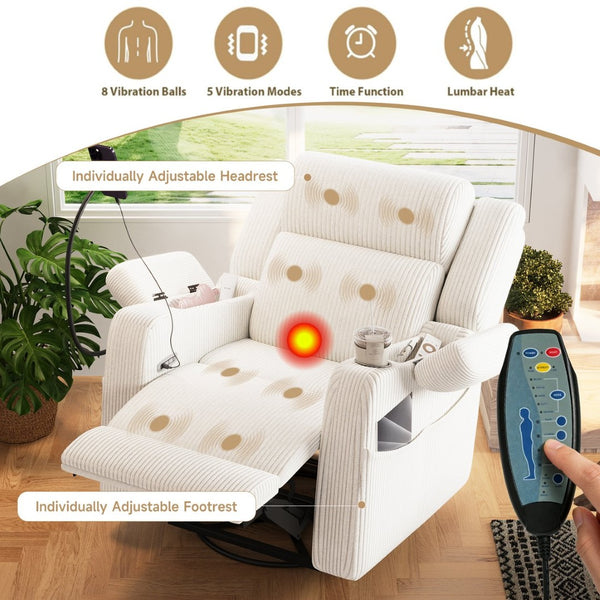English Elm Electric Power Recliner Corduroy Swivel Rocker with Heat Massage and Usb Charging Beige N733P443096A