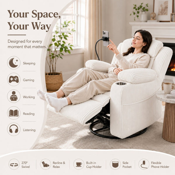 English Elm Electric Power Recliner Corduroy Swivel Rocker with Heat Massage and Usb Charging Beige N733P443096A