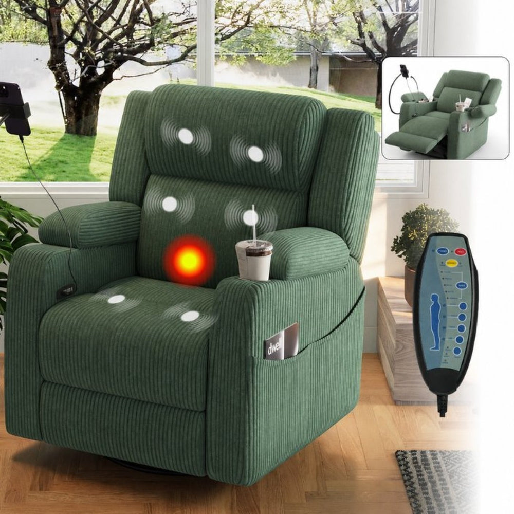 English Elm Electric Power Recliner Corduroy Swivel Rocker with Heat Massage and Usb Charging Green N733P443096G