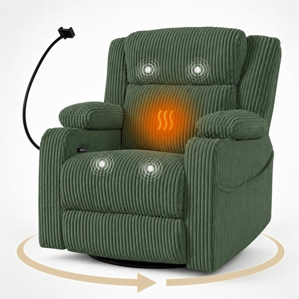 English Elm Electric Power Recliner Corduroy Swivel Rocker with Heat Massage and Usb Charging Green N733P443096G