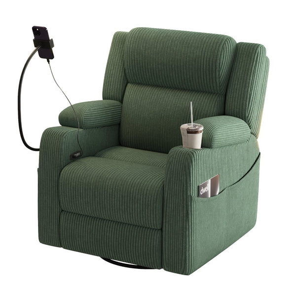 English Elm Electric Power Recliner Corduroy Swivel Rocker with Heat Massage and Usb Charging Green N733P443096G