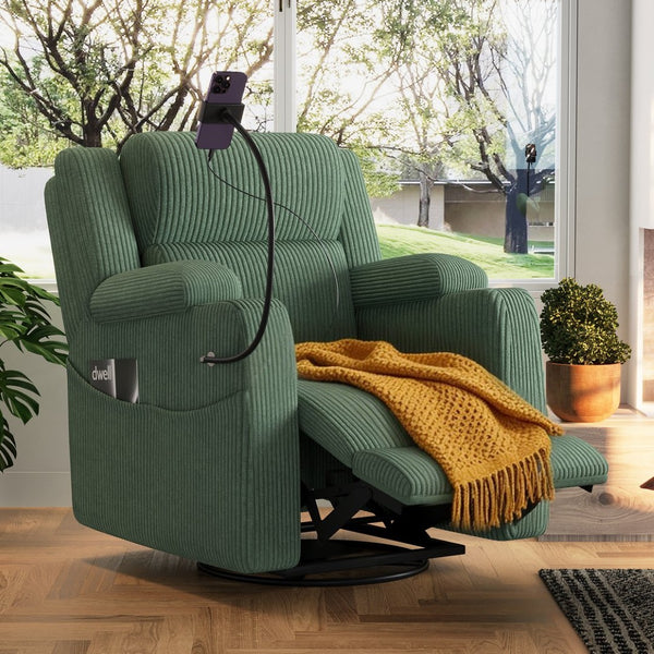 English Elm Electric Power Recliner Corduroy Swivel Rocker with Heat Massage and Usb Charging Green N733P443096G