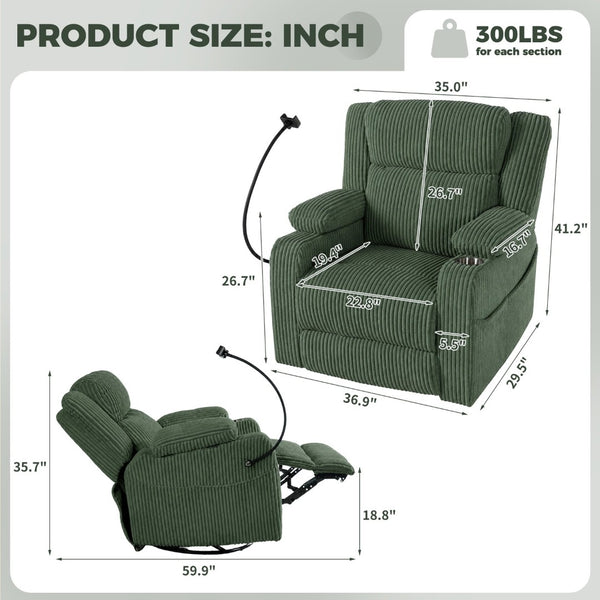 English Elm Electric Power Recliner Corduroy Swivel Rocker with Heat Massage and Usb Charging Green N733P443096G