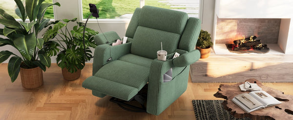 English Elm Electric Power Recliner Corduroy Swivel Rocker with Heat Massage and Usb Charging Green N733P443096G