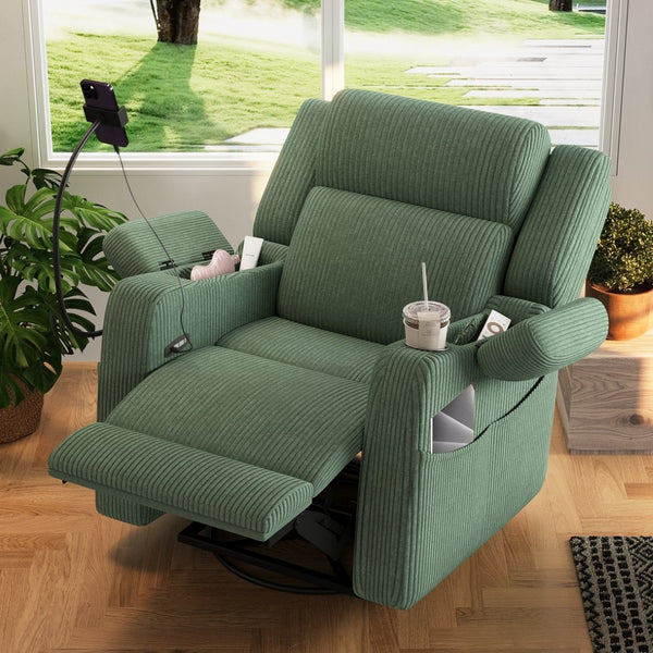 English Elm Electric Power Recliner Corduroy Swivel Rocker with Heat Massage and Usb Charging Green N733P443096G