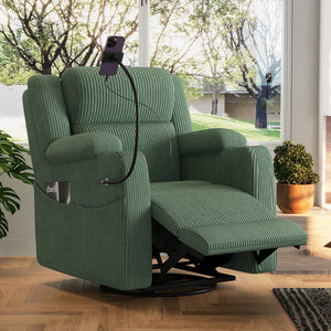 English Elm Electric Power Recliner Corduroy Swivel Rocker with Heat Massage and Usb Charging Green N733P443096G