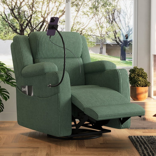 English Elm Electric Power Recliner Corduroy Swivel Rocker with Heat Massage and Usb Charging Green N733P443096G