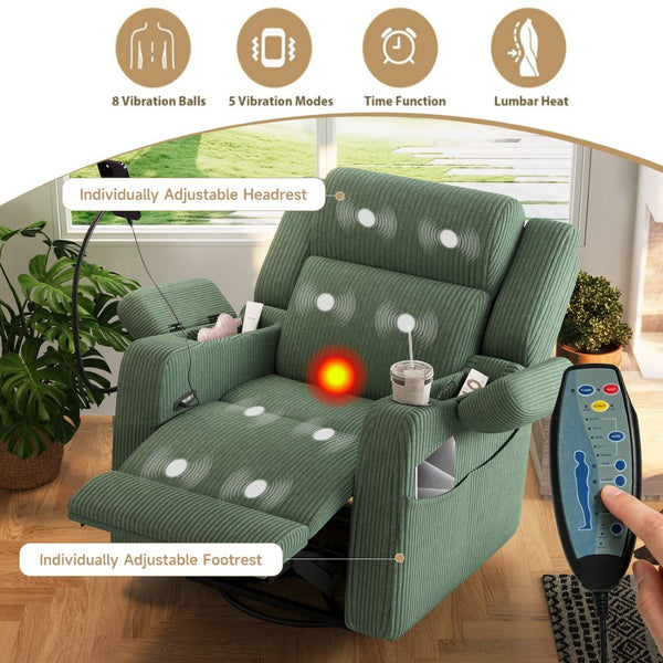 English Elm Electric Power Recliner Corduroy Swivel Rocker with Heat Massage and Usb Charging Green N733P443096G