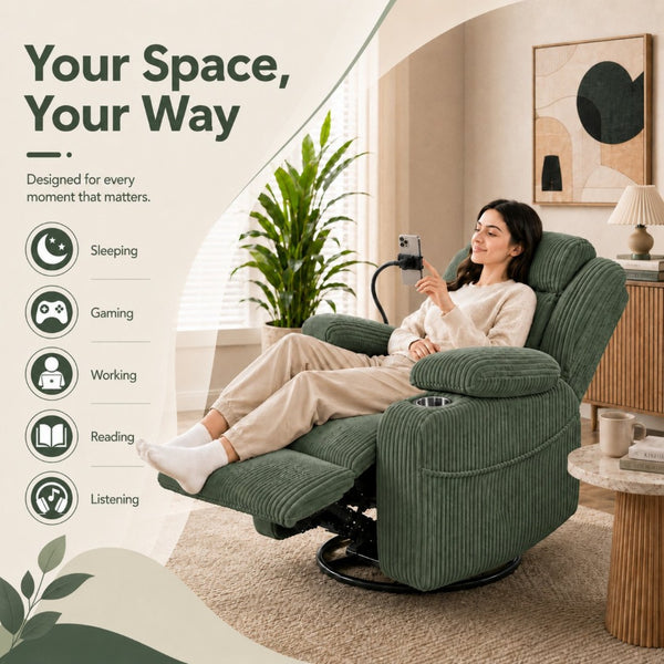English Elm Electric Power Recliner Corduroy Swivel Rocker with Heat Massage and Usb Charging Green N733P443096G