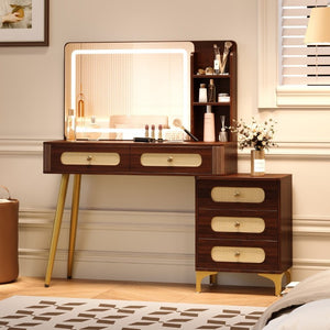 English Elm 47''Vintage Rattan Dressing Table with Lighted Mirror Five Drawers and Open Shelving Brown N733P457533D