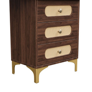 English Elm 47''Vintage Rattan Dressing Table with Lighted Mirror Five Drawers and Open Shelving Brown N733P457533D