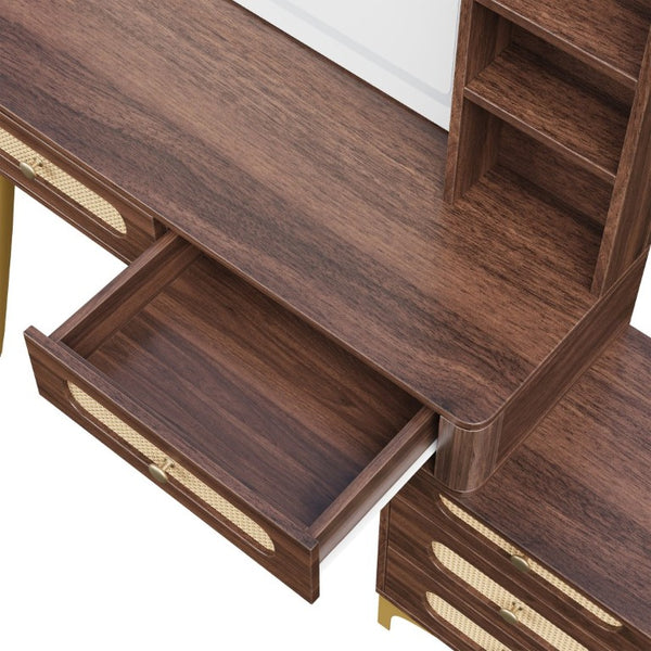 English Elm 47''Vintage Rattan Dressing Table with Lighted Mirror Five Drawers and Open Shelving Brown N733P457533D