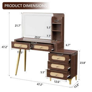 English Elm 47''Vintage Rattan Dressing Table with Lighted Mirror Five Drawers and Open Shelving Brown N733P457533D