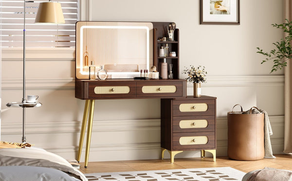 English Elm 47''Vintage Rattan Dressing Table with Lighted Mirror Five Drawers and Open Shelving Brown N733P457533D