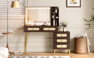 English Elm 47''Vintage Rattan Dressing Table with Lighted Mirror Five Drawers and Open Shelving Brown N733P457533D