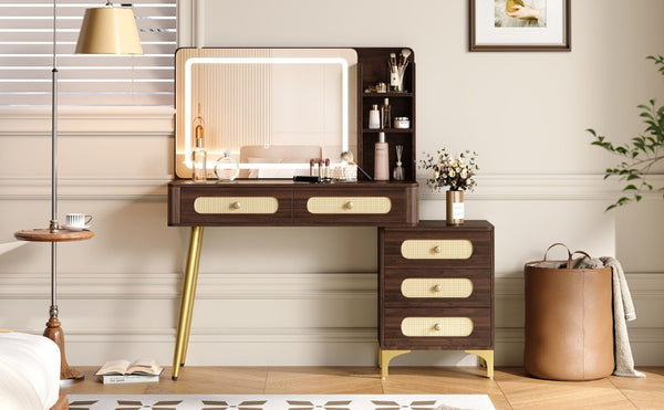 English Elm 47''Vintage Rattan Dressing Table with Lighted Mirror Five Drawers and Open Shelving Brown N733P457533D