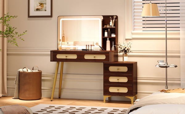 English Elm 47''Vintage Rattan Dressing Table with Lighted Mirror Five Drawers and Open Shelving Brown N733P457533D